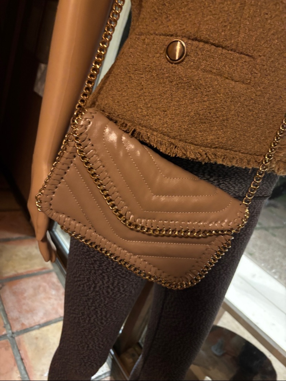 SONDRA ROBERTS Quilted Chain-Trim Shoulder Bag in Taupe